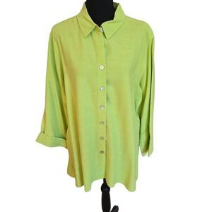 John Mark Womens Lime Green Button Down Tunic Length Blouse 1X